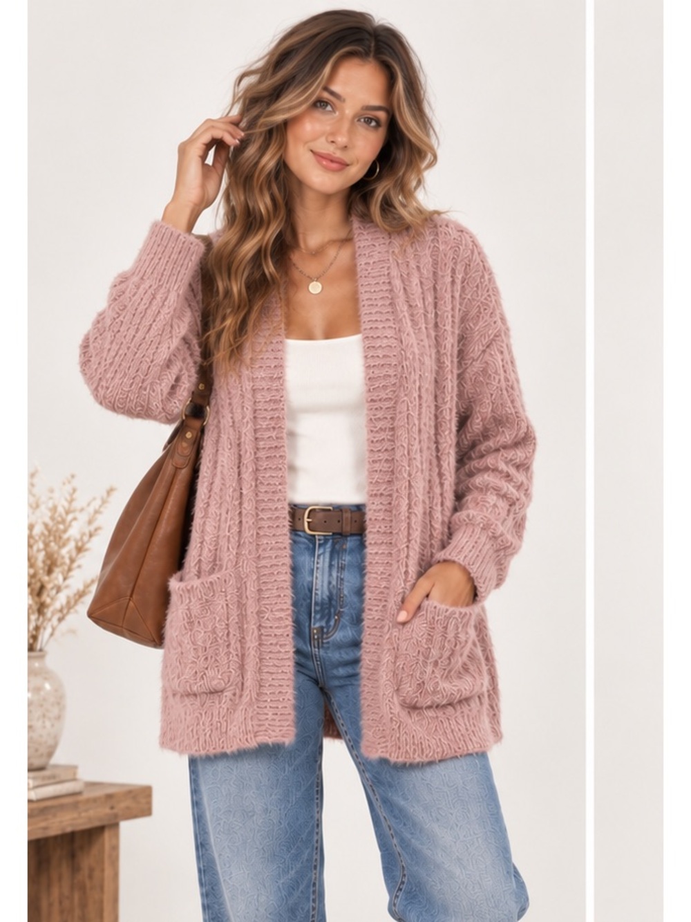 JohnPaulRichard Open-Front Dusty Pink Maeve Minimalist Cabincore Cardigan XL